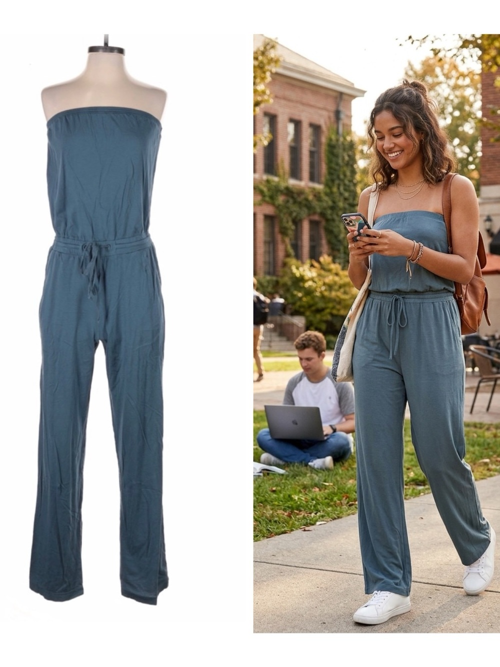 Michael Stars Strapless Teal-Blue Drawstring Sleeveless Pantsuit Jumpsuit Size M